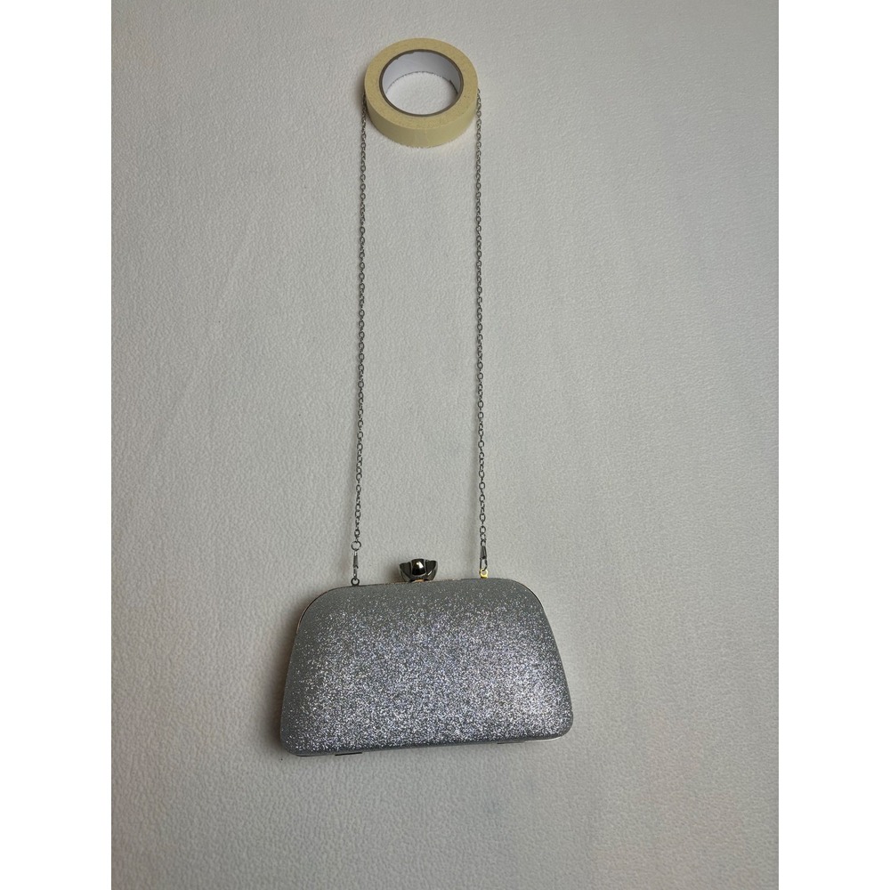 Silver Glitter Evening Clutch Bag Flower Crystal Clasp Chain Strap Formal Purse